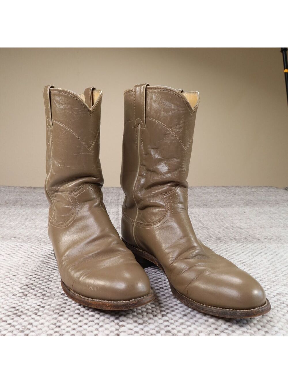 Justin Boots 3033 Vintage Mens 7.5 D Leather Roper Cowboy‎ Boots Taupe Grey USA